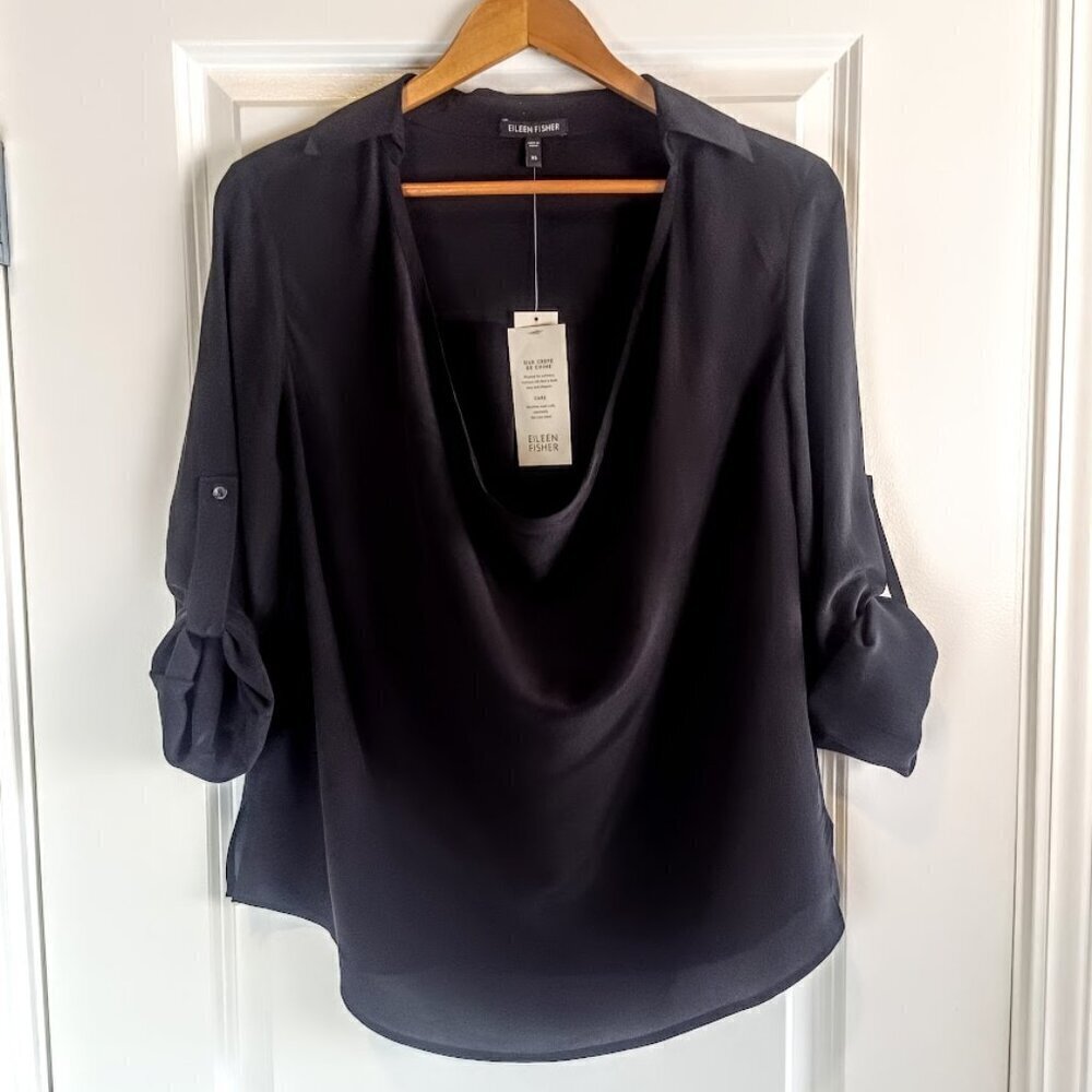Eileen Fisher Black Silk Drape Front Boxy Shirt NWT
